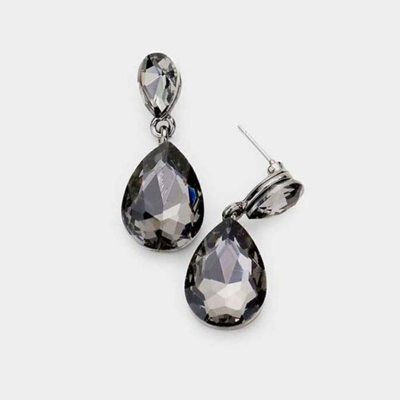 Black Diamond Crystal Double Teardrop Dangle Earrings - Picture 3 of 5
